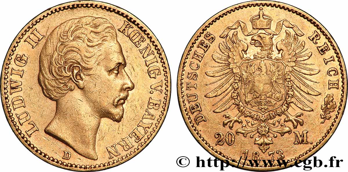 OR, PALLADIUM ET PLATINE INVESTISSEMENT 20 Mark Louis II 1873 Munich TTB+ 