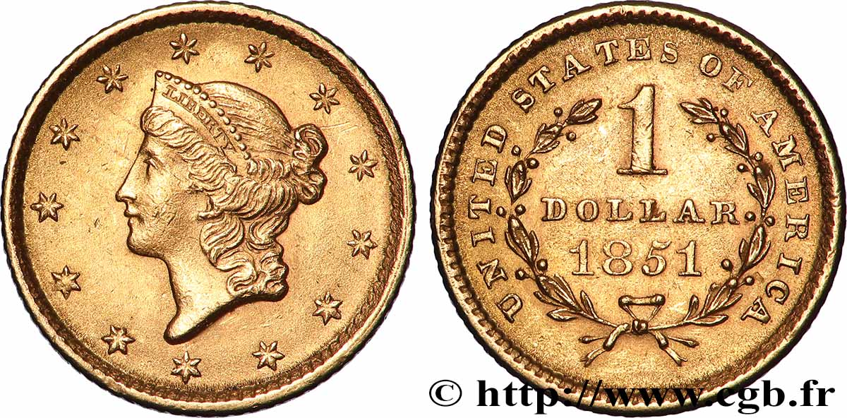 UNITED STATES OF AMERICA 1 Dollar Or &nbsp;Liberty head&nbsp; 1er type 1851 Philadelphie AU 