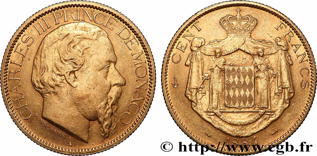 MONACO - PRINCIPALITY OF MONACO - CHARLES III 100 Francs or  1884 Paris AU 