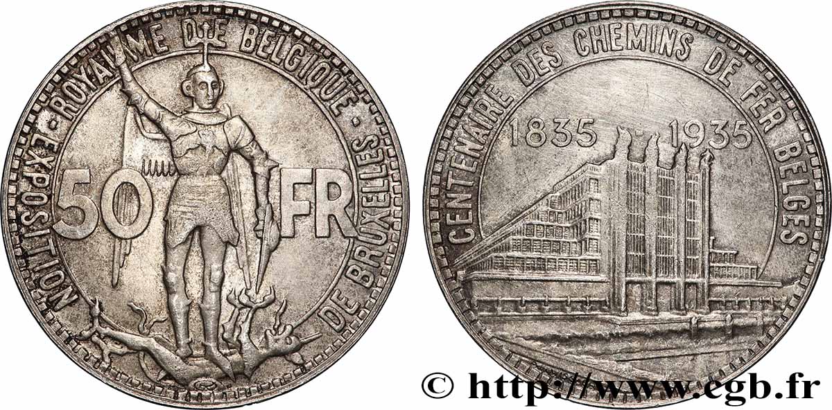 BELGIQUE 50 Francs Exposition de Bruxelles et centenaire des chemins de fer belges, St Michel en armure légende Flamande, position B 1935  SUP 