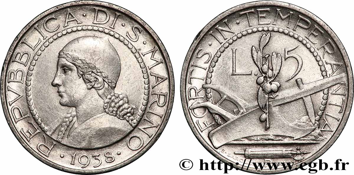 SAN MARINO 5 Lire portrait de femme 1938 Rome q.SPL 