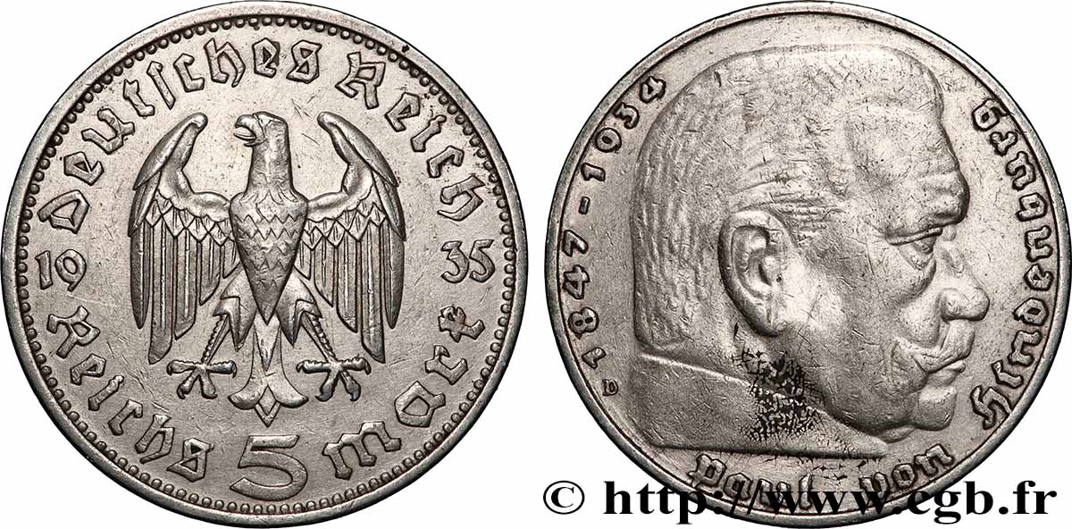 GERMANY 5 Reichsmark Maréchal Paul von Hindenburg 1935 Munich