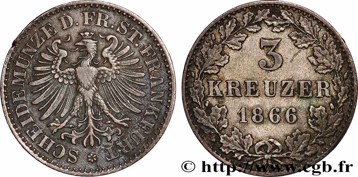 GERMANY - FRANKFURT FREE CITY 3 Kreuzer  1866 Francfort XF 