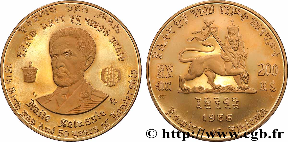 ÉTHIOPIE 200 Dollars Proof 75e anniversaire et 50 ans de règne de Hailé Selassié 1966  SPL 