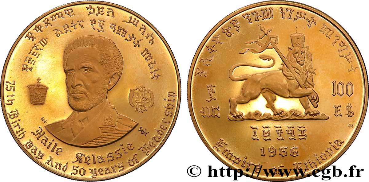 ÉTHIOPIE 100 Dollars Proof 75e anniversaire et 50 ans de règne de Hailé Selassié 1966  SPL 