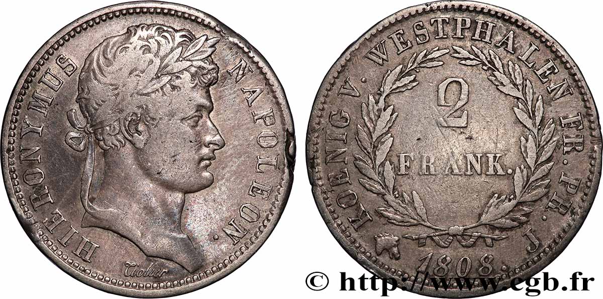 ALLEMAGNE - ROYAUME DE WESTPHALIE - JÉRÔME NAPOLÉON 2 Franken 1808 Paris TB+ 