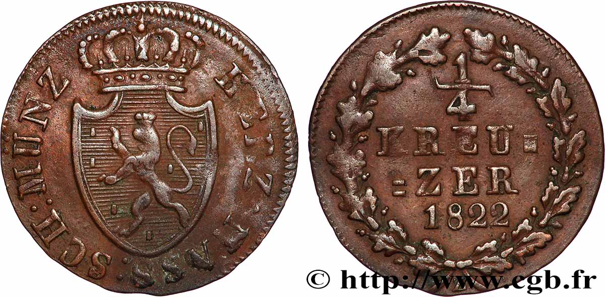 GERMANY - NASSAU 1/4 Kreuzer 1822  AU 