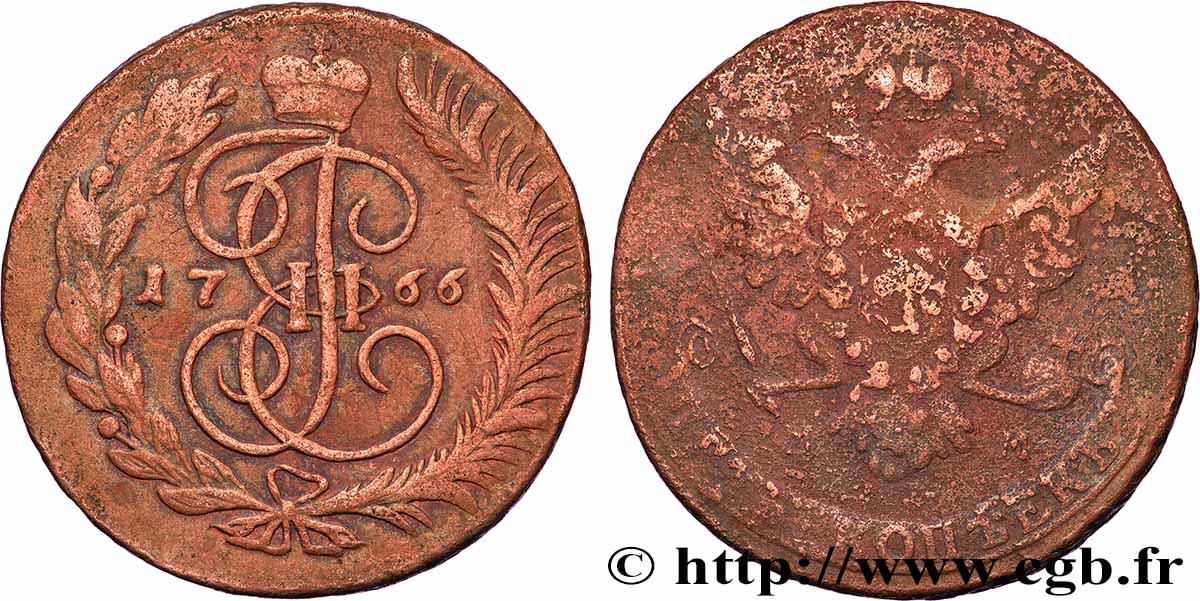 RUSSIA 5 Kopecks Catherine II 1766 Ekaterinbourg q.BB 