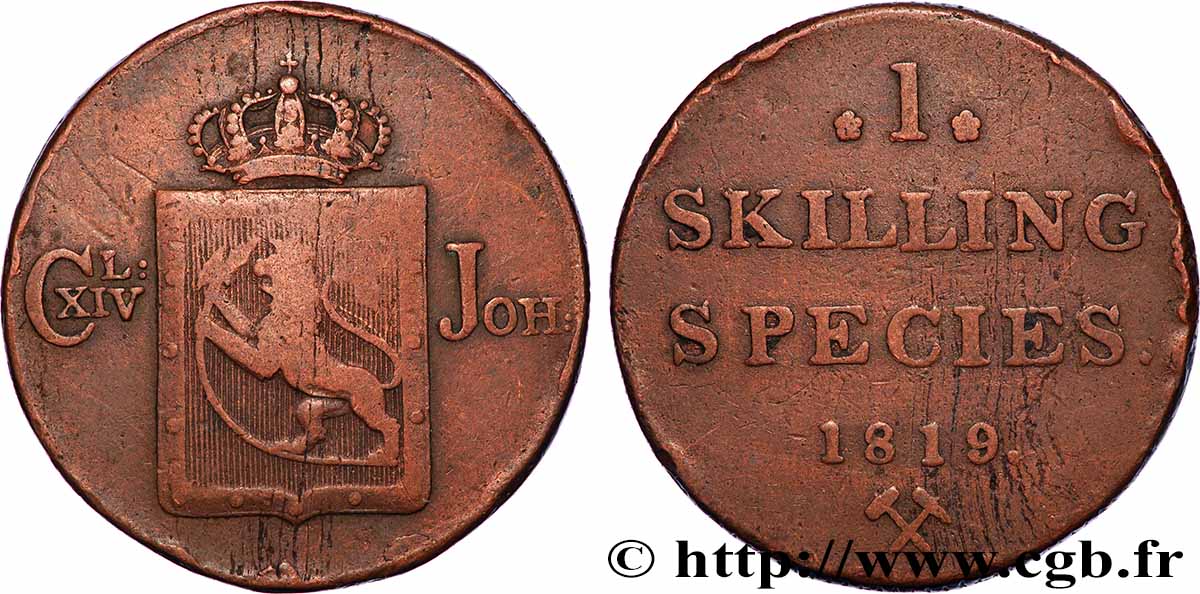 NORUEGA 1 Skilling au nom de Charles XIV roi de Suède 1819 Kongsberg MBC 