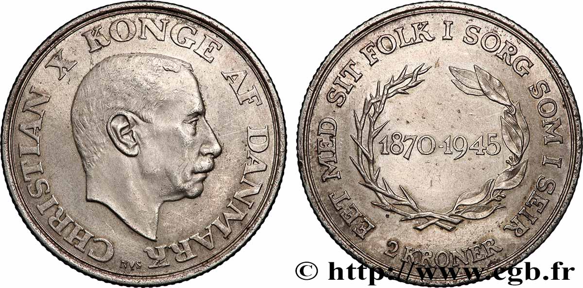 DANEMARK 2 Kroner 75e anniversaire du roi Christian X 1945 Copenhague SUP 