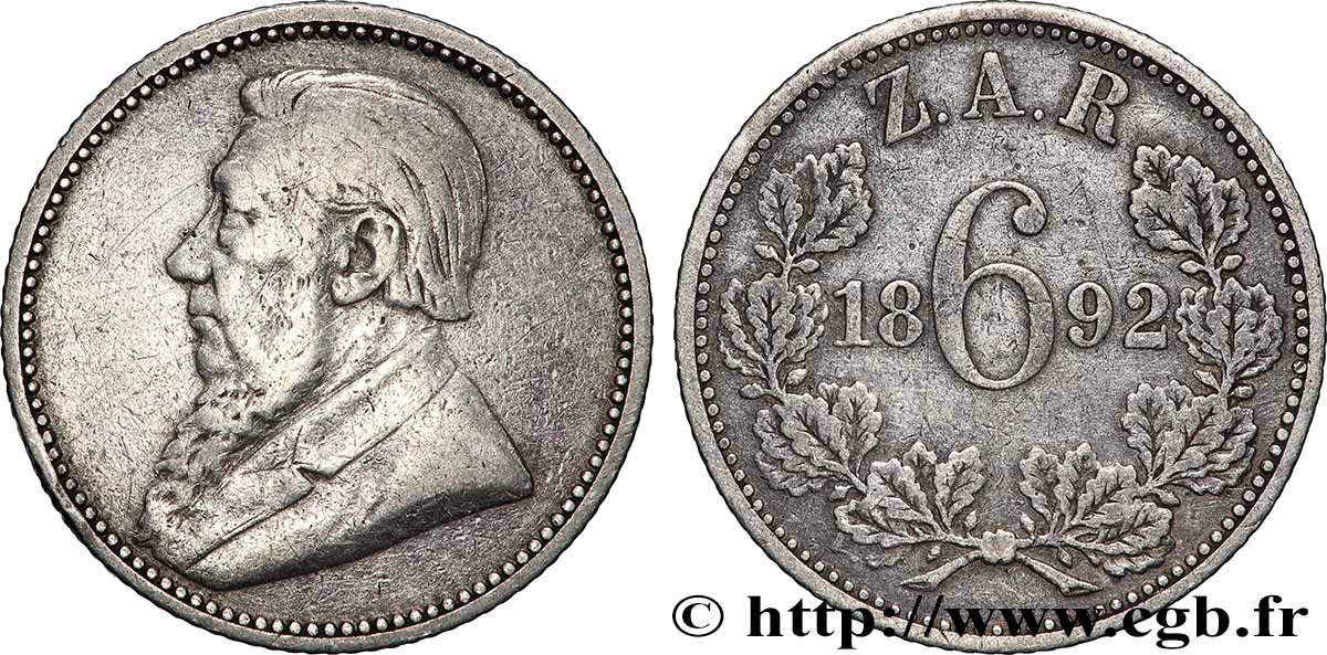 SOUTH AFRICA 6 Pence Kruger 1892  XF 