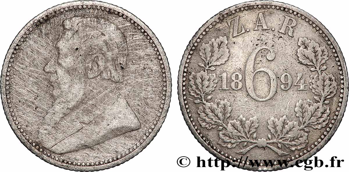 SOUTH AFRICA 6 Pence Kruger 1894  VF 