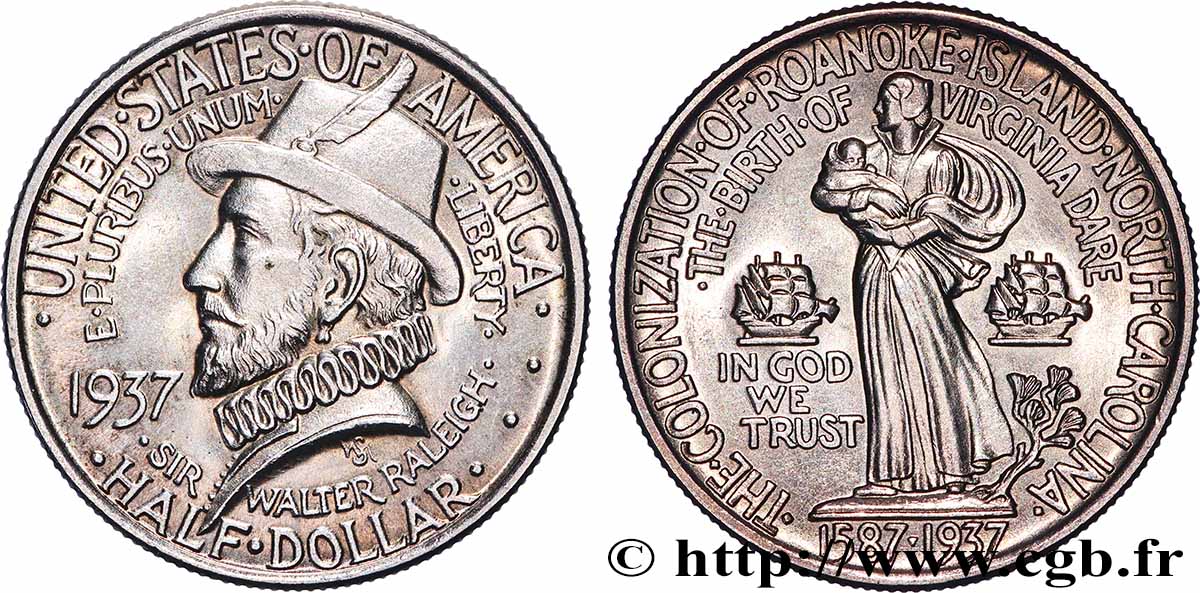UNITED STATES OF AMERICA 1/2 Dollar Île de Roanoke 1937 Philadelphie MS 