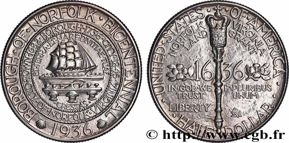 UNITED STATES OF AMERICA 1/2 Dollar Norfolk 1936 Philadelphie MS 
