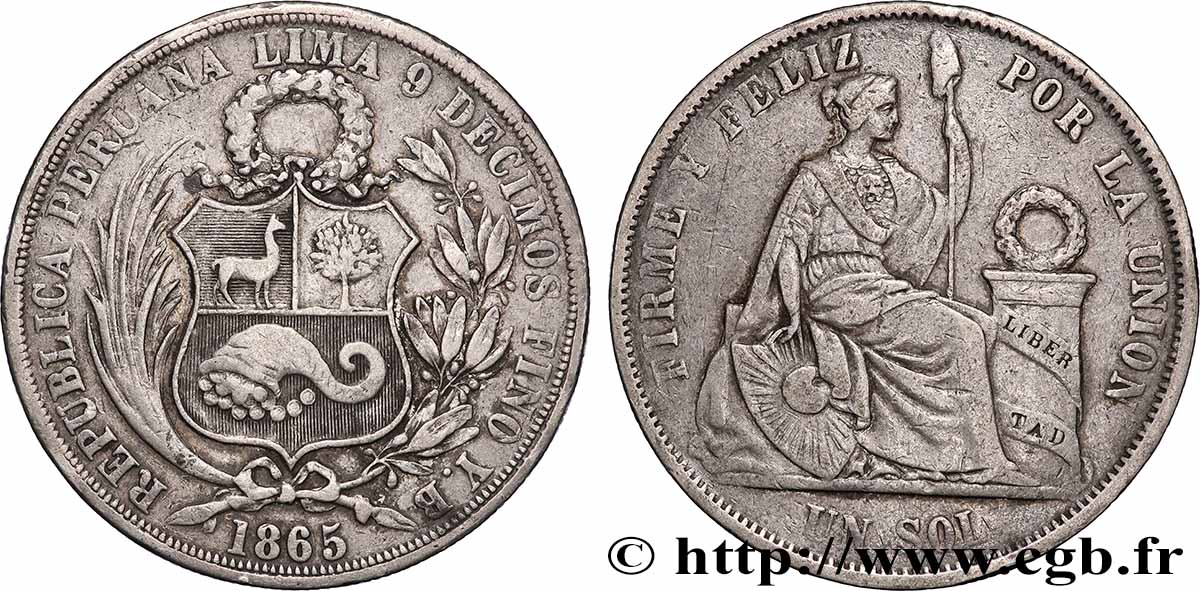 PÉROU 1 Sol “Liberté” assise 1865 Lima TB+ 