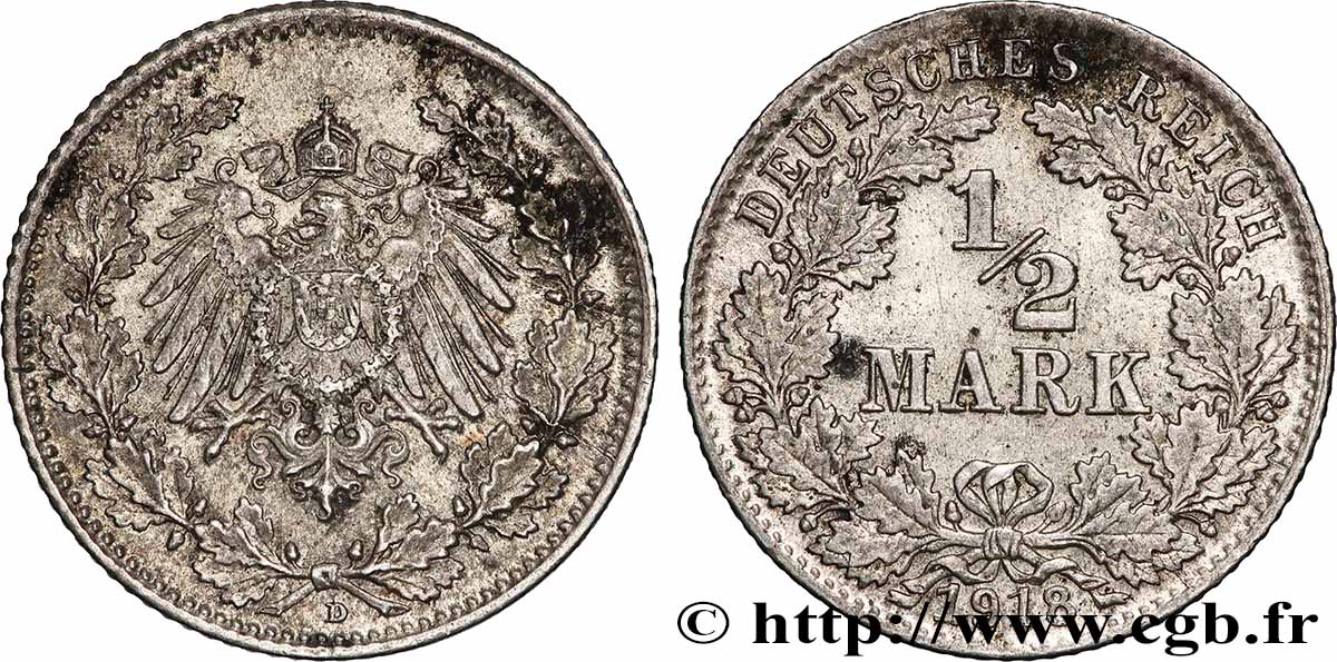 ALLEMAGNE 1/2 Mark Empire aigle impérial 1918 Munich TTB+ 