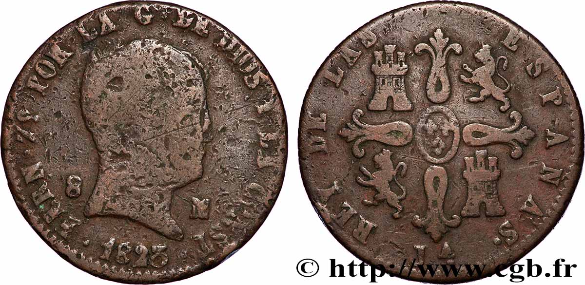 ESPAGNE 8 Maravedis Ferdinand VII  1823 Jubia TB/TB+ 