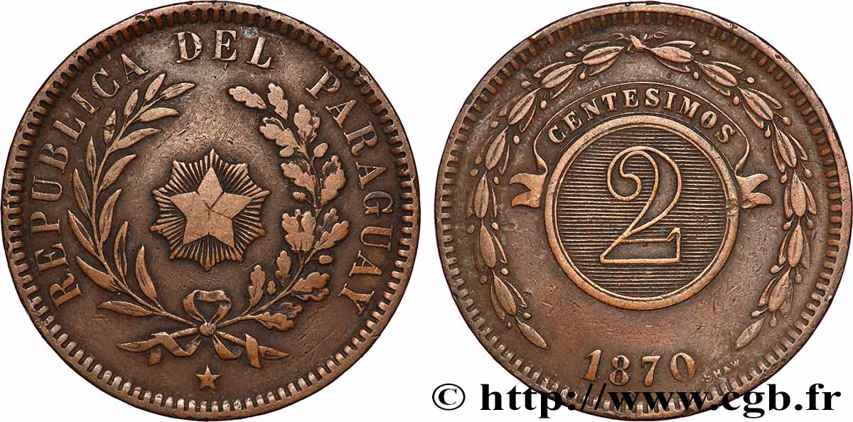 PARAGUAY 2 Centesimos 1870 Birmingham TTB 