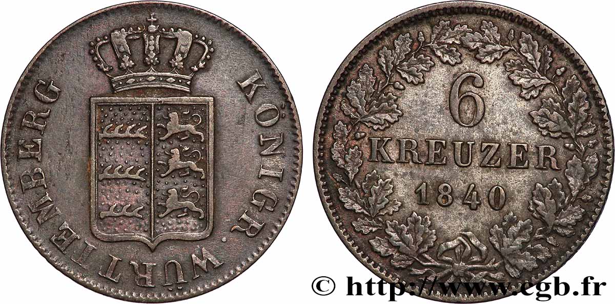 ALLEMAGNE - WURTEMBERG 6 Kreuzer 1840 Stuttgart TTB 