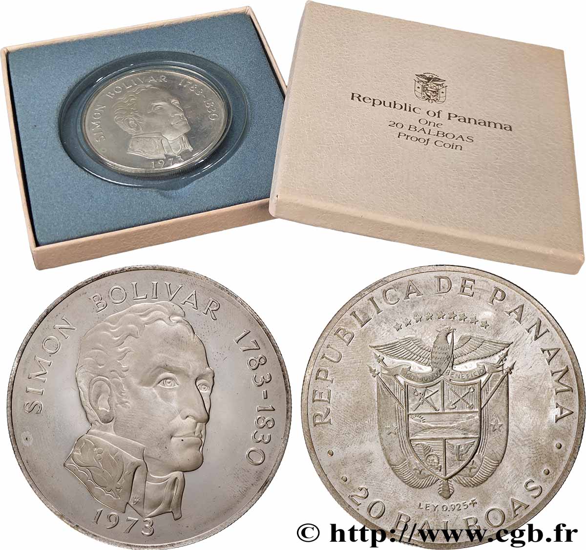 SILVER INVESTMENT 20 Balboas Simon Bolivar Proof 1973  MS 