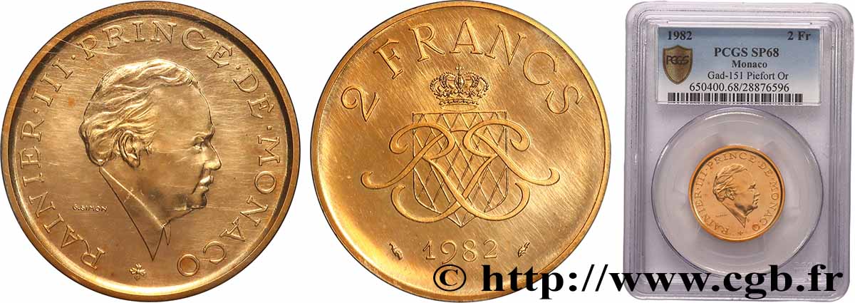 MONACO - PRINCIPALITY OF MONACO - RAINIER III Piefort en or 2 Francs  1982 Paris MS68 PCGS
