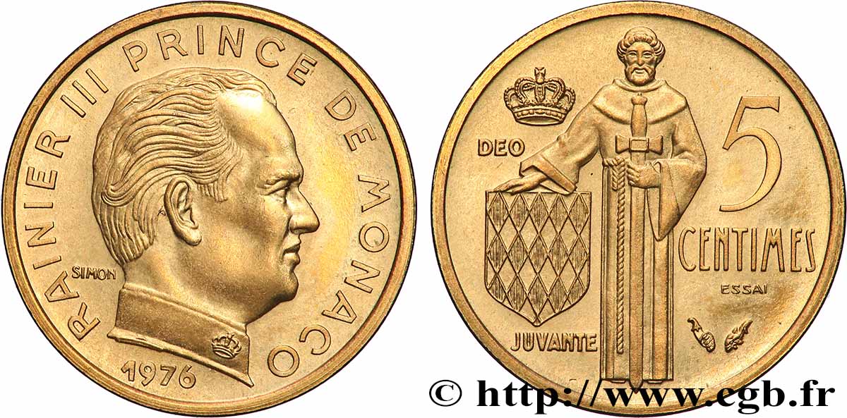 MONACO - FÜRSTENTUM MONACO - RAINIER III. Essai de 5 Centimes 1976 Paris fST 