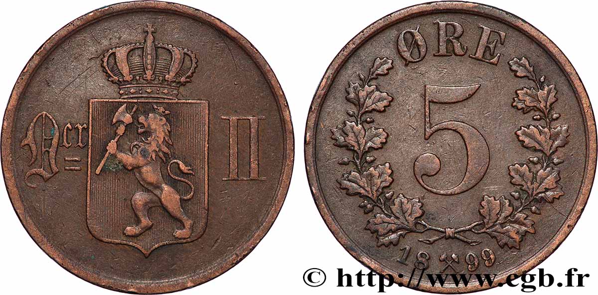 NORVÈGE 5 Ore Oscar II 1899 Kongsberg TTB 