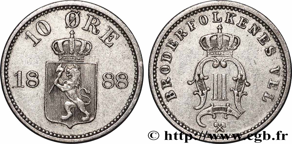 NORWAY - KINGDOM OF NORWAY - OSCAR II 10 Ore  1888  AU 