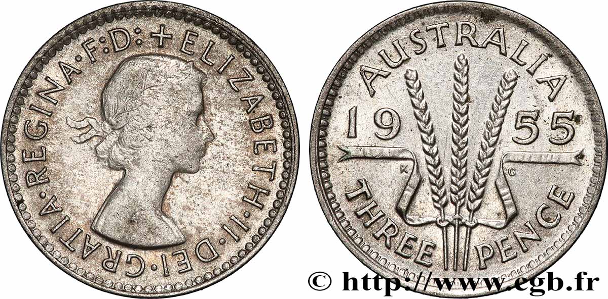 AUSTRALIA 3 Pence Elisabeth II 1955 Melbourne XF 