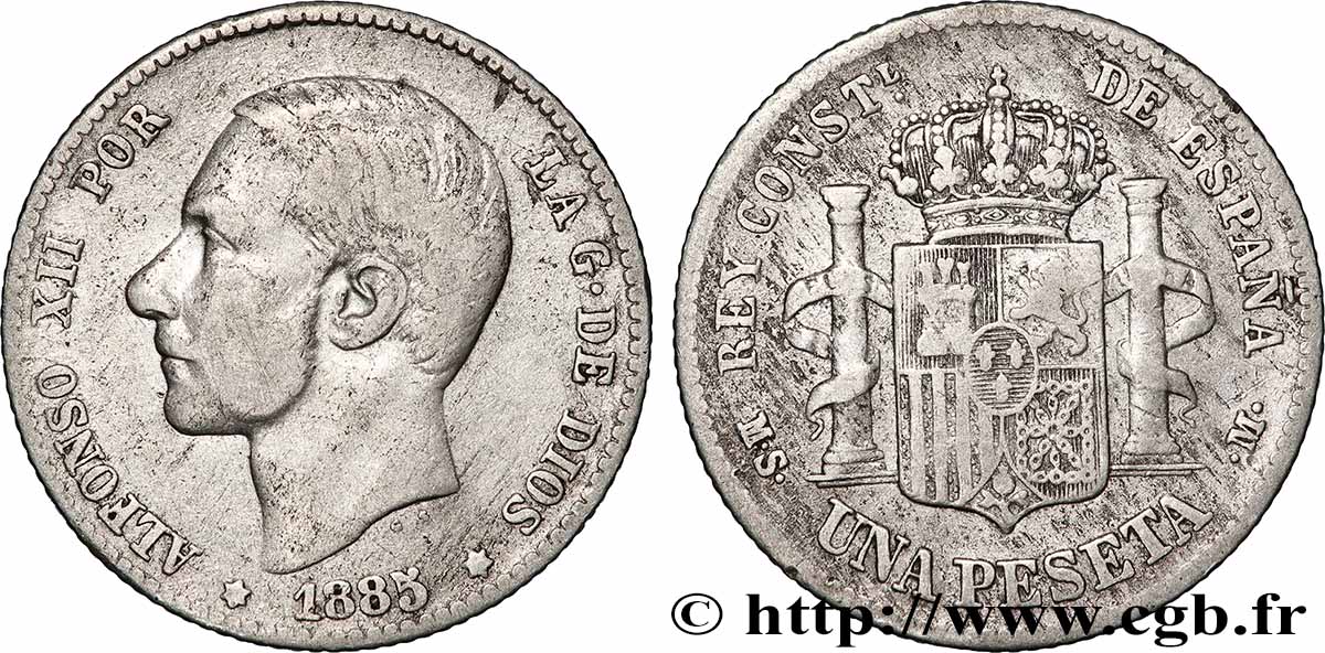 SPAIN 1 Peseta Alphonse XII (1885) 1885 Madrid VF 