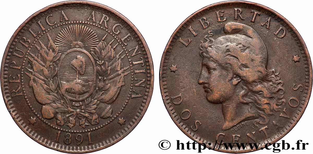 ARGENTINA 2 Centavos emblème / “Liberté” 1891  VF 