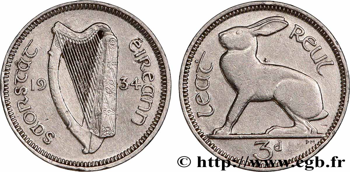 IRLANDE - ETAT LIBRE 3 Pingin / 1/2 Reul 1934 Londres TB+ 