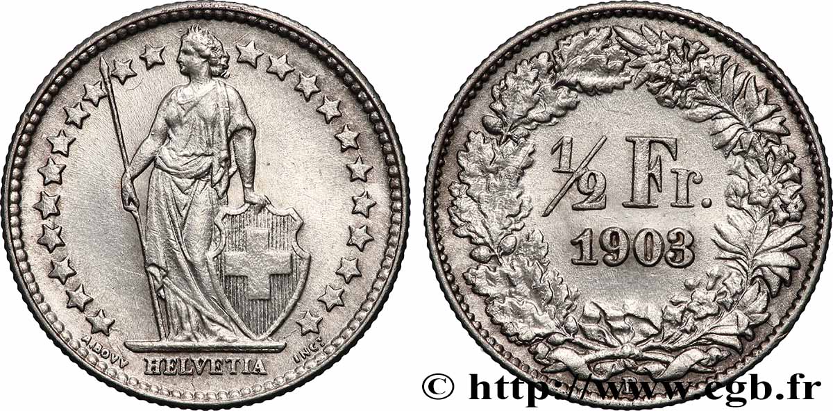 SWITZERLAND 1/2 Franc Helvetia 1903 Berne AU 