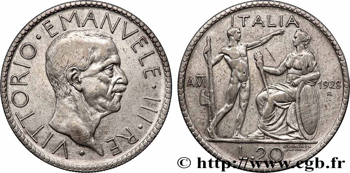 ITALY - KINGDOM OF ITALY - VICTOR-EMMANUEL III 20 Lire au licteur 1928 Rome XF 