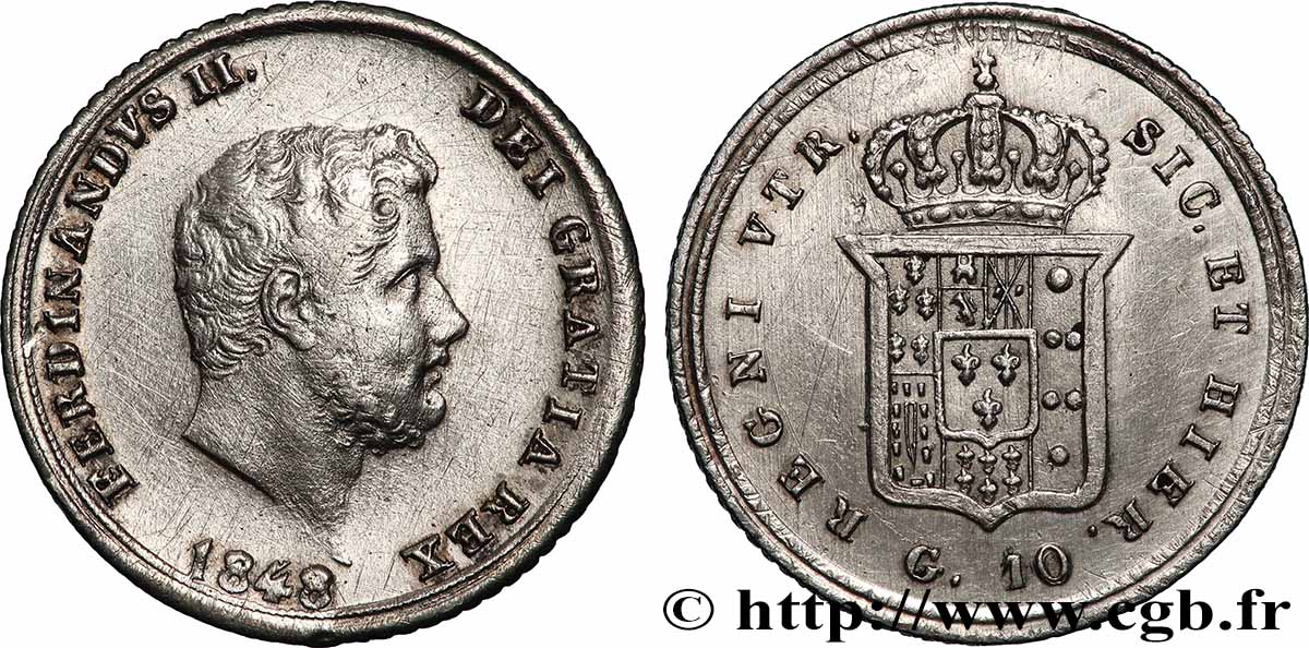 ITALIE - ROYAUME DES DEUX-SICILES 10 Grana Ferdinand II 1848  TTB 
