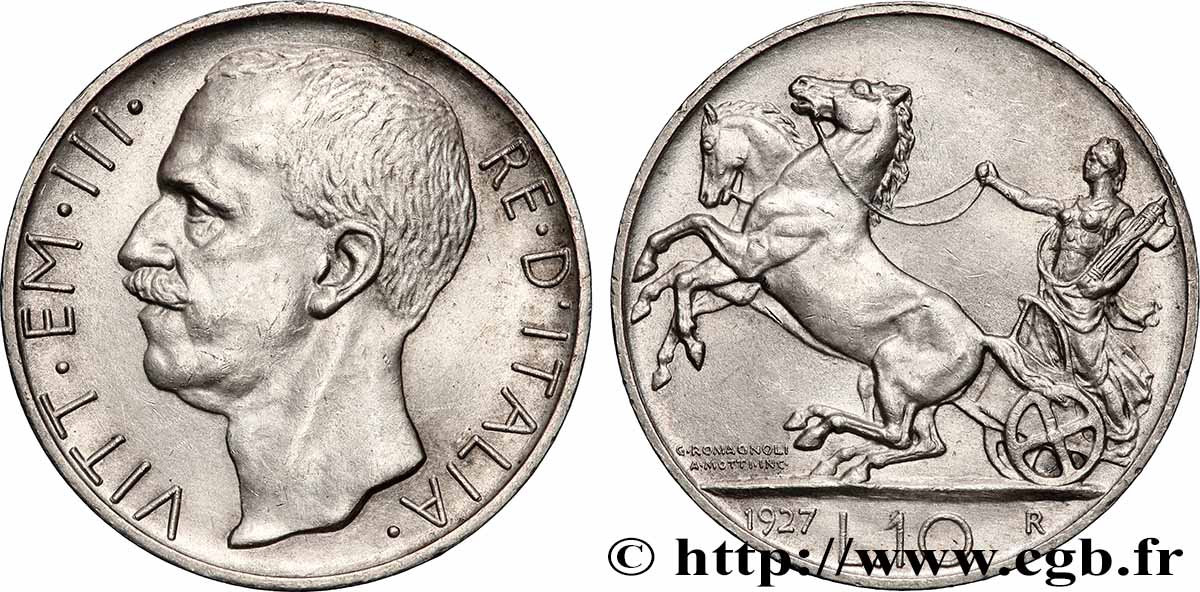 ITALY 10 Lire Victor Emmanuel III 1927 Rome AU 