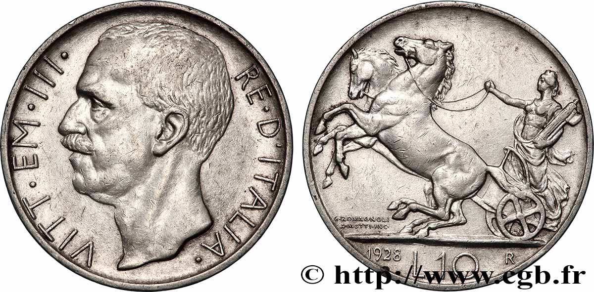 ITALY - KINGDOM OF ITALY - VICTOR-EMMANUEL III 10 Lire - type tranche *FERT* 1928 Rome AU 