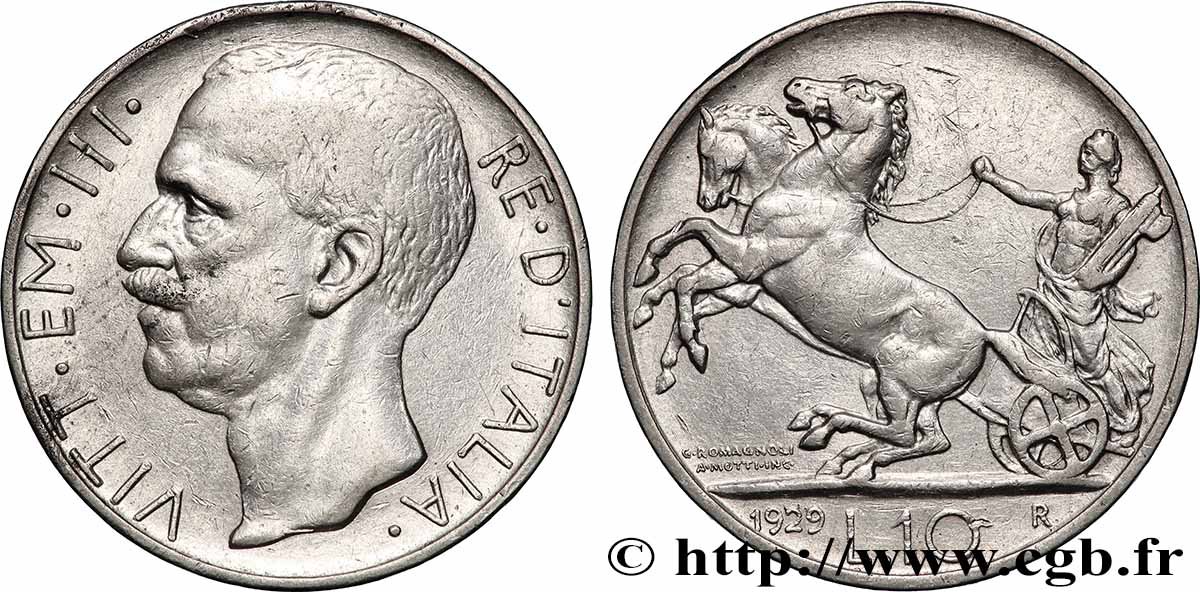 ITALIE - VICTOR EMMANUEL III 10 Lire char antique 1929 Rome XF 