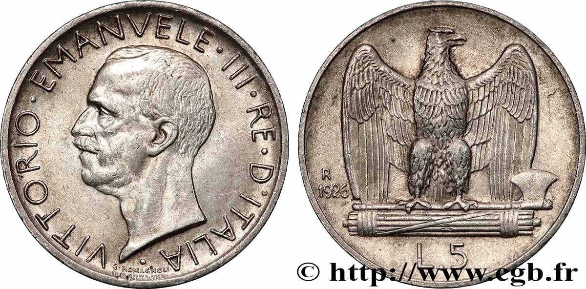 ITALY 5 Lire Victor Emmanuel III 1926 Rome AU 