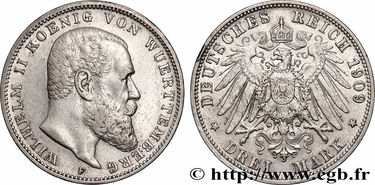 ALLEMAGNE - ROYAUME DE WURTEMBERG GUILLAUME II 3 Mark  1909 Stuttgart MBC 
