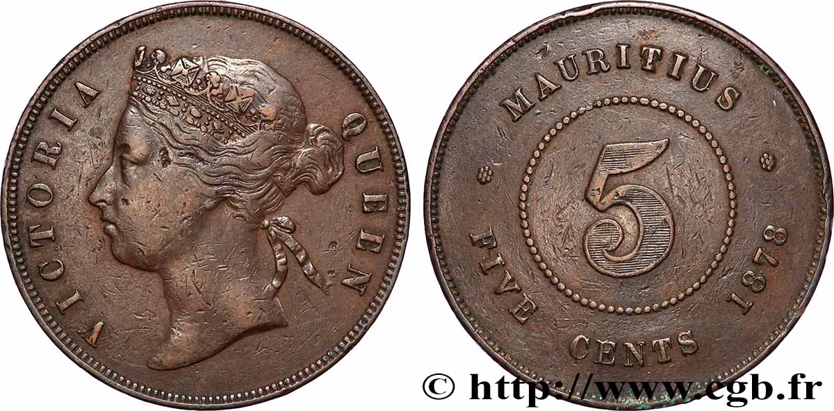 MAURITIUS 5 Cents Victoria 1878 Heaton XF 