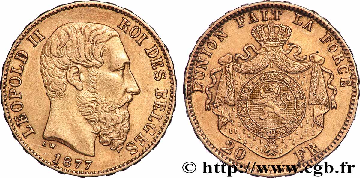 GOLD, PALLADIUM & PLATINUM INVESTMENT 20 Francs Léopold II 1877 Bruxelles AU 