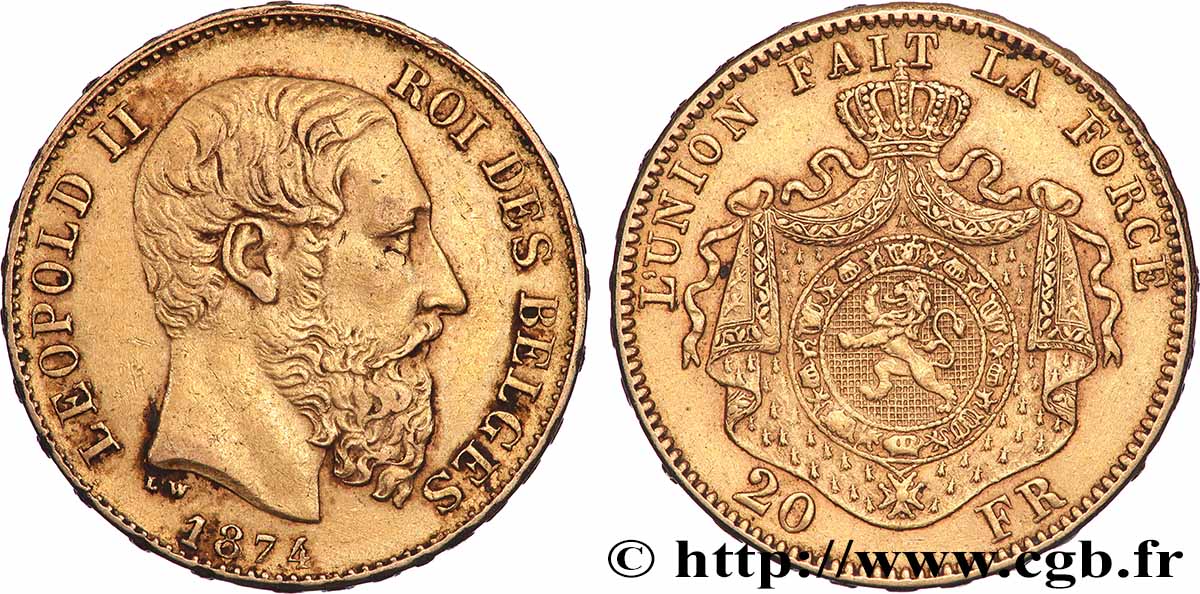 OR, PALLADIUM ET PLATINE INVESTISSEMENT 20 Francs Léopold II 1874 Bruxelles TTB+ 