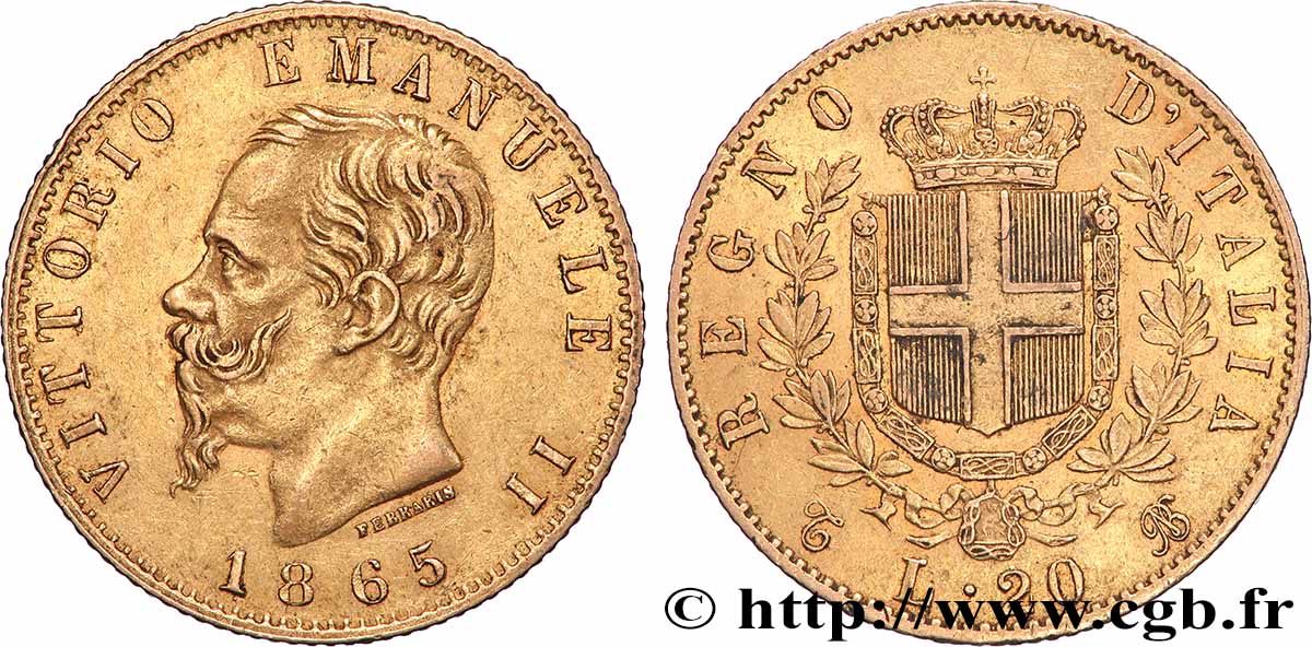 OR, PALLADIUM ET PLATINE INVESTISSEMENT 20 Lire Victor Emmanuel II  1865 Turin TTB 