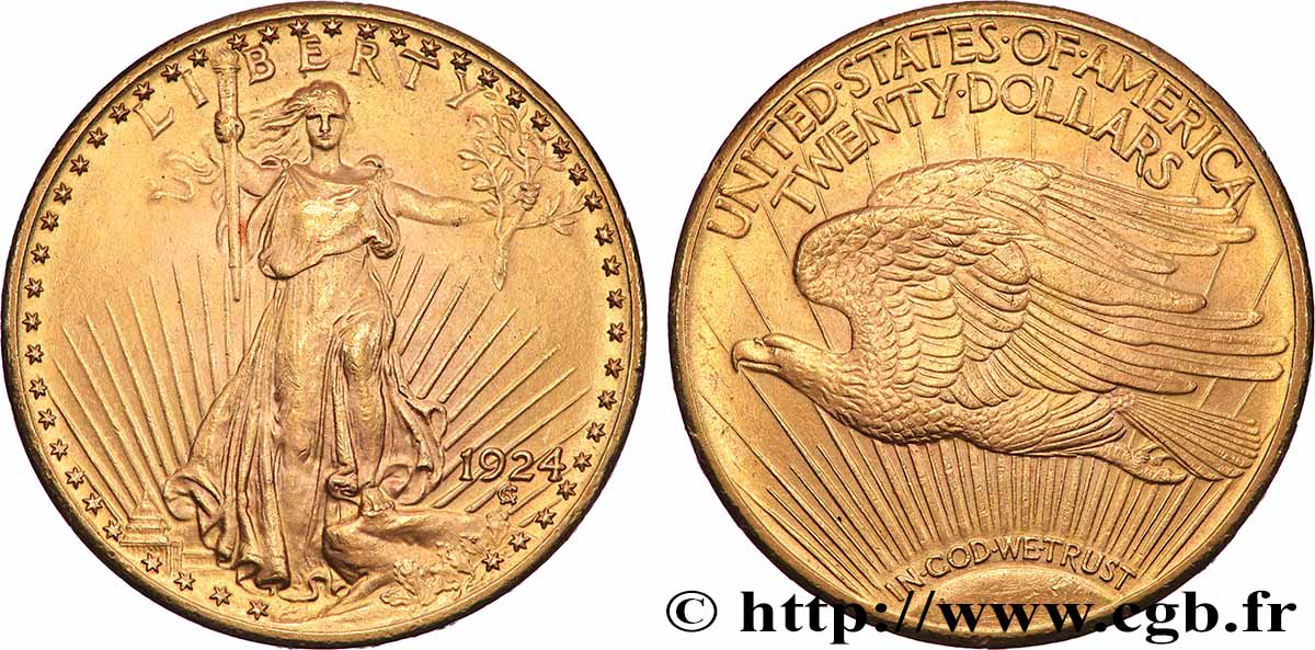 OR, PALLADIUM ET PLATINE INVESTISSEMENT 20 Dollars &nbsp;Saint-Gaudens” 1924 Philadelphie SUP 