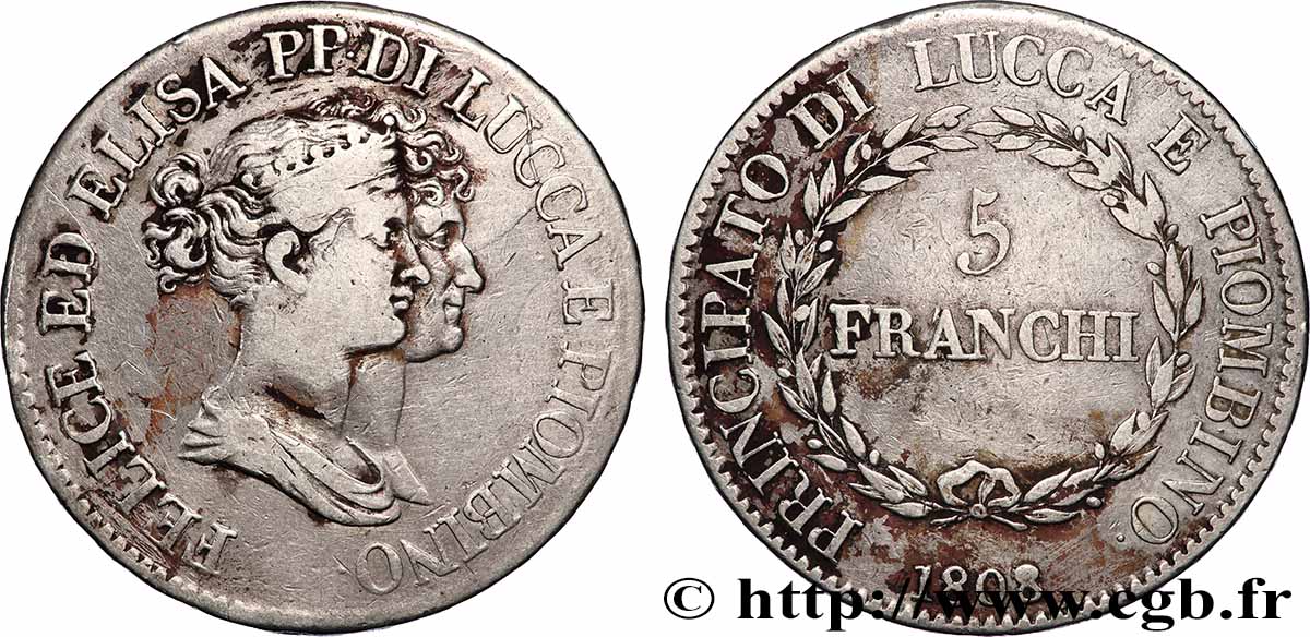 ITALIE - PRINCIPAUTÉ DE LUCQUES ET PIOMBINO - FÉLIX BACCIOCHI et ÉLISA BONAPARTE 5 Franchi  1808 Florence TB+ 
