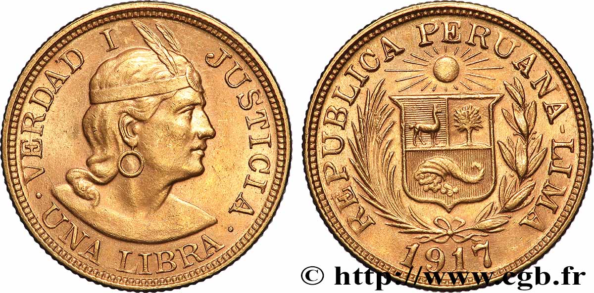 PÉROU 1 Libra or 1917 Lima SUP 