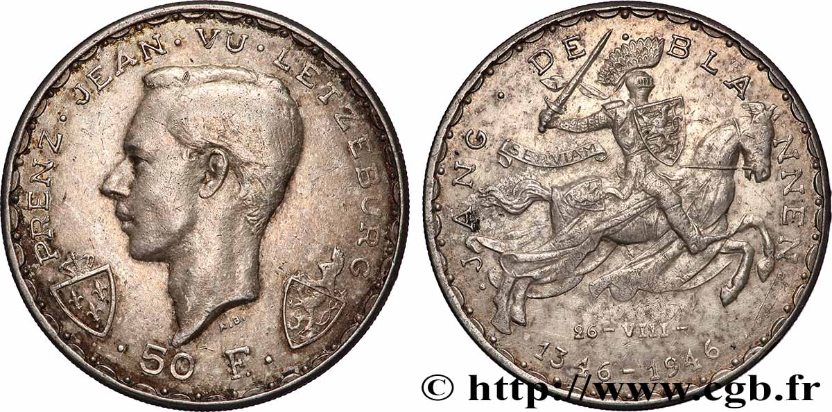 LUXEMBOURG 50 Francs prince Jean, 600e anniversaire de mort de Jean Ier de Luxembourg 1946  TTB+ 