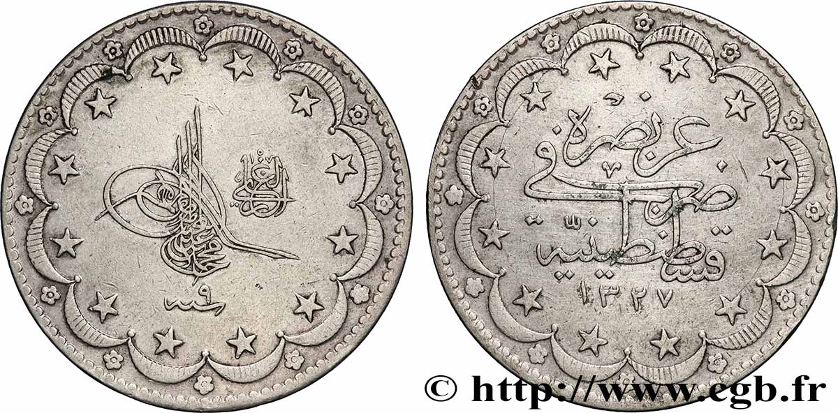 TURKEY 20 Kurush AH1327 an 9 (1917) Constantinople XF 