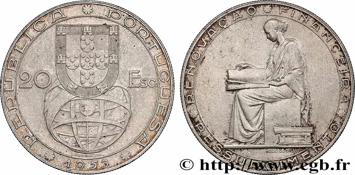 PORTUGAL 20 Escudos 25e anniversaire de la réforme financière 1953 Lisbonne AU 